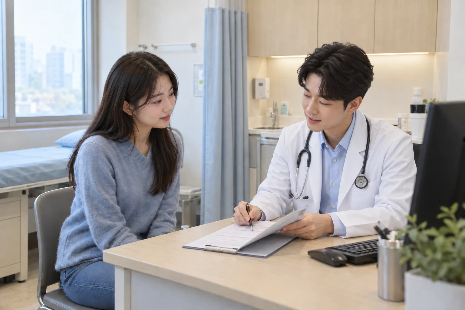 성인 내원객과 예방접종을 상담하는 의료진 · AI 생성 데모 이미지